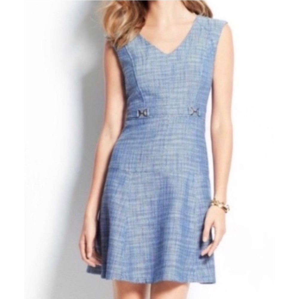 Ann Taylor Women's Blue Tweed Dress Gold Waisted‎ Belt Lined A-Line Size 0